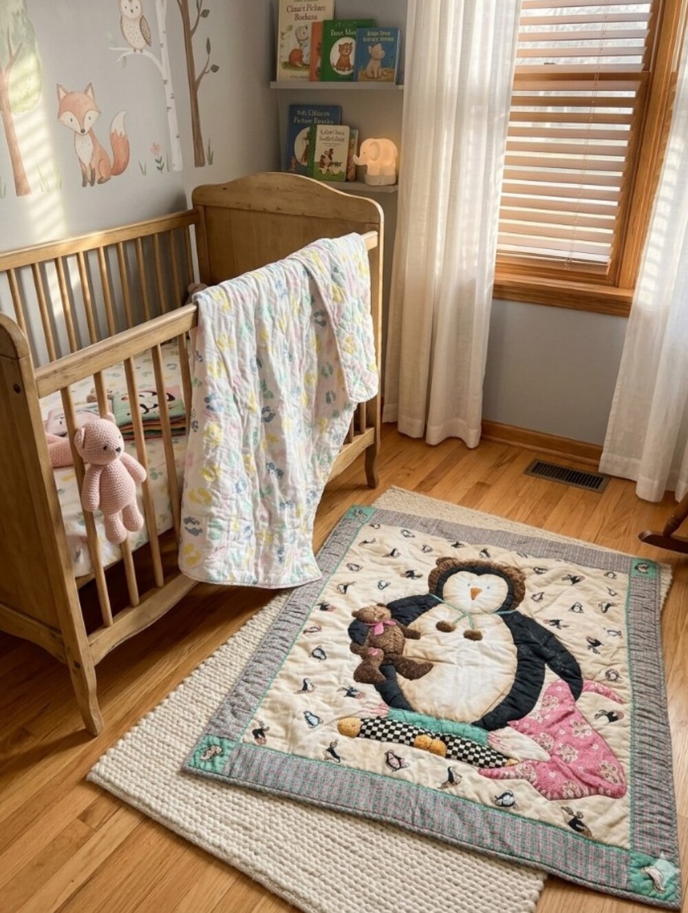 Soft Baby Quilt with Pastel Foot & Handprint and Penguin Pattern Double Sided